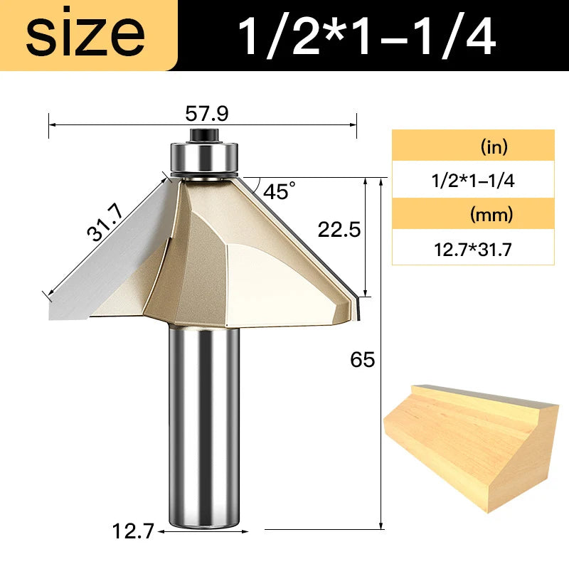 Tideway 45 Deg Bevel Edge Forming Chamfer Router Bits with Bearing Chamfering CNC Wood Cutting Tools Woodworking Milling Cutter