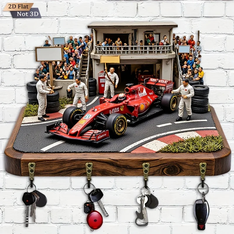 2D Flat. 1pc. Racing-Themed Key Hook - Multifunctional Decorative Key Rack, Equipped with Four Metal Hooks, Wall Decoration