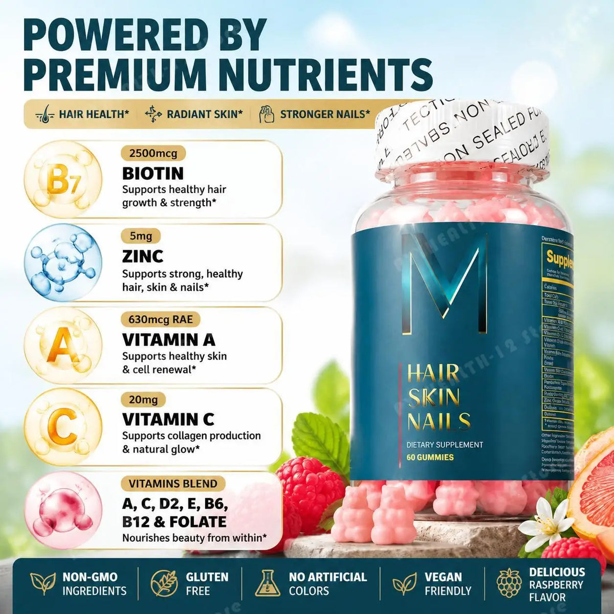 Hair Skin Nails Gummies with Biotin and Zinc, Vitamins A C D2 and E, Plus B6 and B12 for Radiant Healthy Skin, 60 Gummies