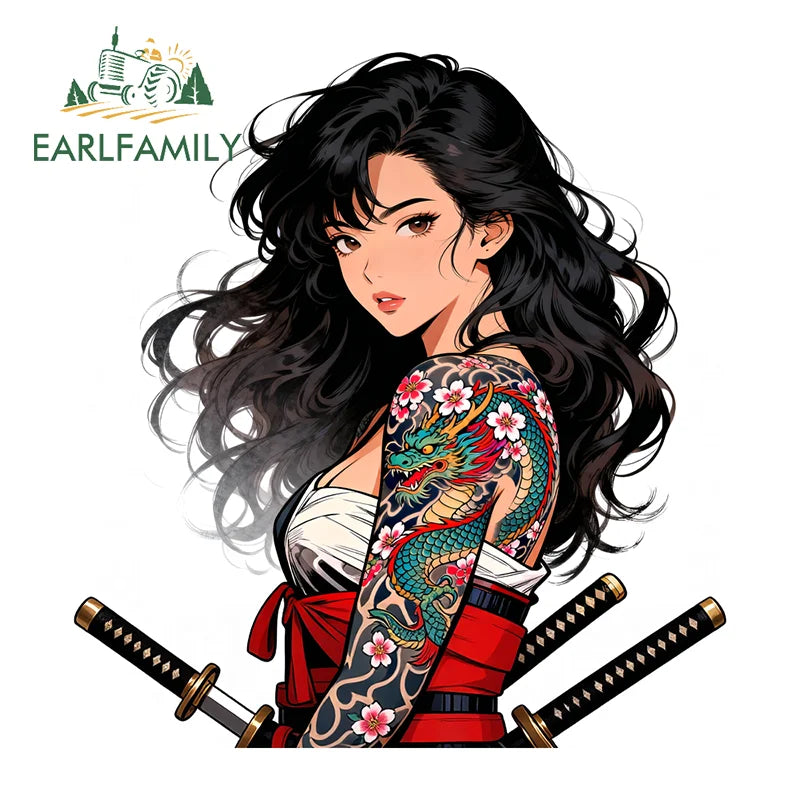 EARLFAMILY Tattooed Geisha Motorcycle Stickers Character Campervan Rear Windshield Decal Simple Practical Sunscreen DIY Car Body