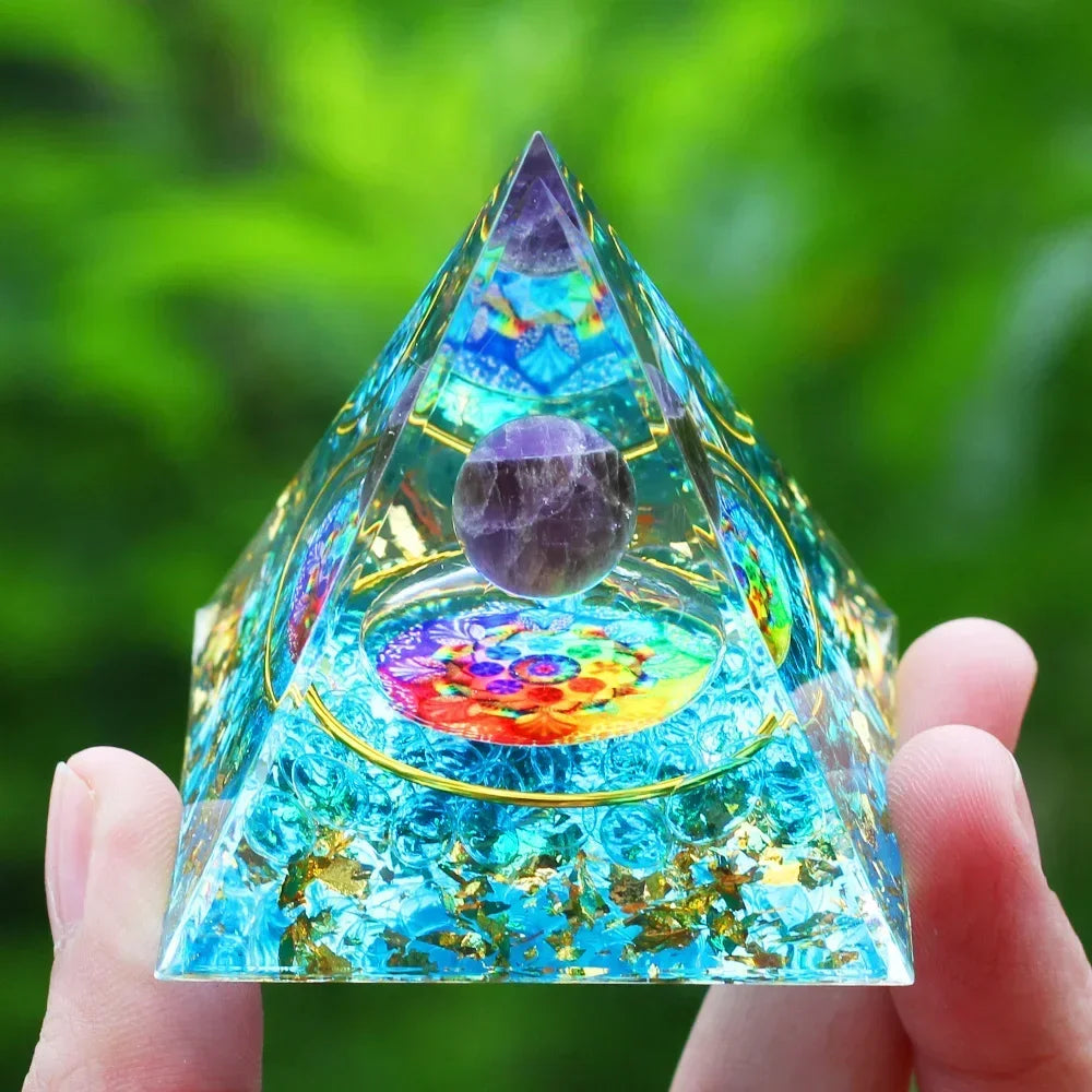 Energy Pyramid Orgonite Reiki Natural Amethyst Ball Healing Crystals Chakra Tool Ornaments Resin Stones Craft Kids Gift