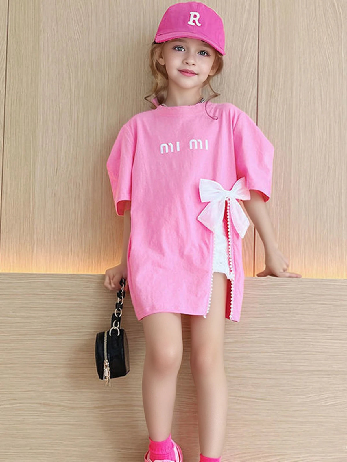 Summer Kids Girls T-shirt Letter Printing Bow Split Loose Long Children's T-Shirt Tops For 3-12 Years Girl Clothing
