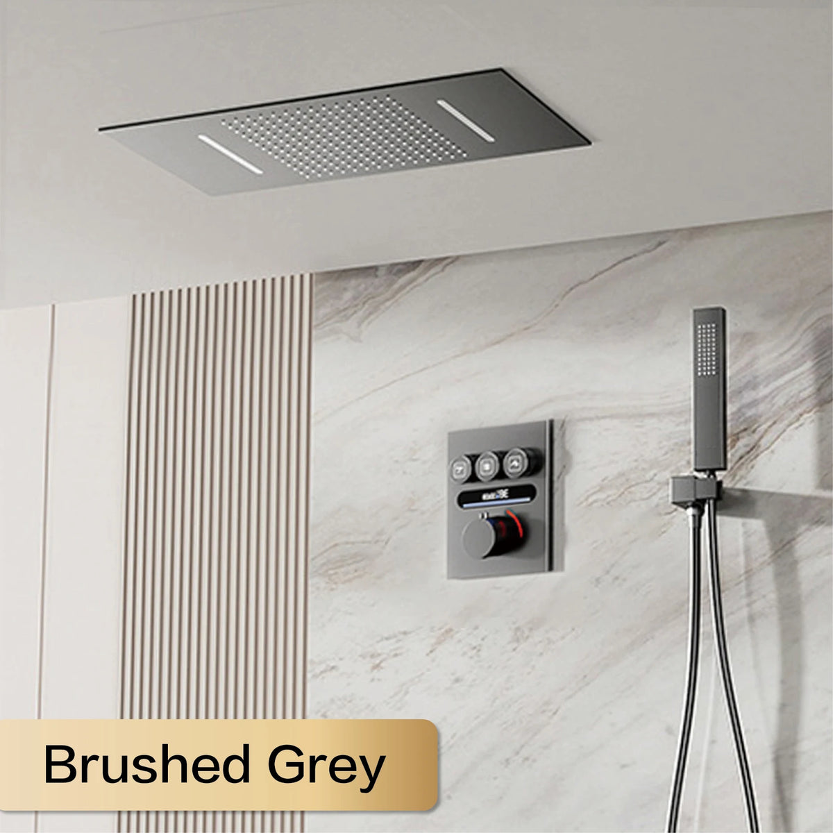 Luxury Black Brass Thermostatic Shower System Wall Mounted Design Hot & Cold Water Bathroom Ceiling LED Digital Display Faucet
