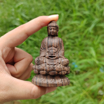 Wooden Lotus-Sitting Buddha Statue, Wood-Carved Vairocana Ornament, Shakyamuni Buddha Figurine, Zen-Inspired Craft Decoration