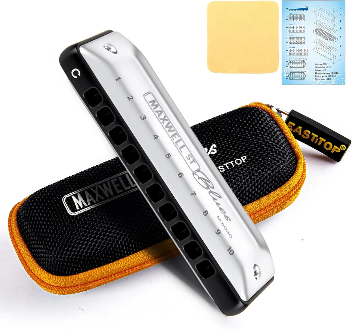 East top MAXWELL ST Blues Harmonica , Professional Overblow and Bending 10 Holes MS030 Blues Harp Mouth Organ For All Levels Ad