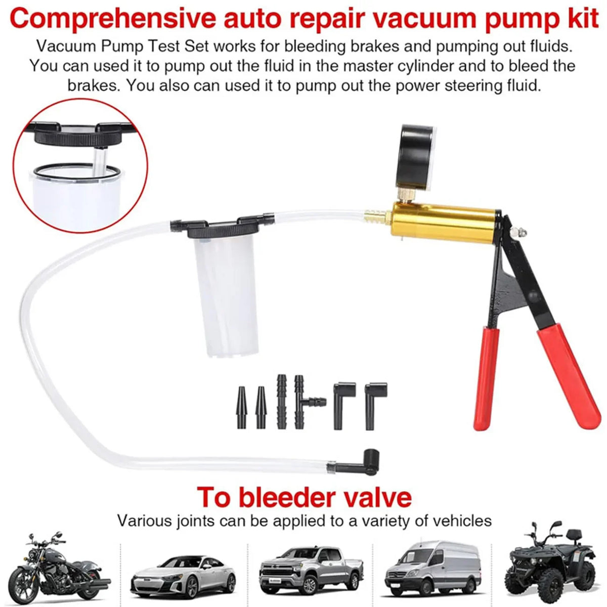 2 in 1 Manual Vacuum Pressure Pump Brake Fluid Drain Kit Vacuum Pistol Pump Tester Kit Portable Durable Aluminum Vacuum Gauge