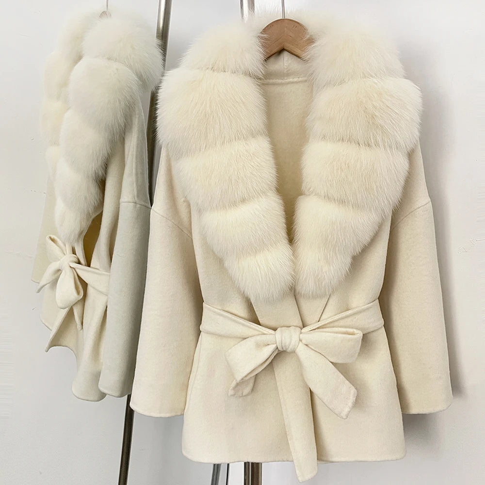 OFTBUY New Luxury Winter Clothes Outerwear Women Mid-Length 100% Wool Coat Real Fox Fur Collar Belted Wrap Woolen Jacket Female