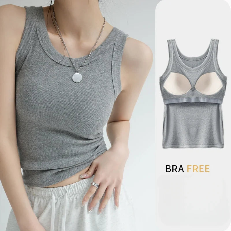 Seamless Built-in Bra Tank Top for Women Wirefree Sports Bra Summer Sleeveless Shirt, Breathable Workout Vest with T-Shirt Combo