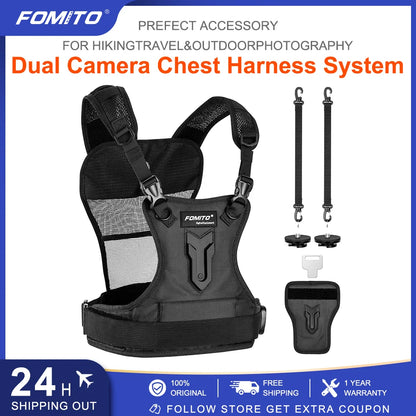 FOMITO Dual Camera Harness Multi Carrying Chest Vest System with Side Holster for Canon Nikon Sony Olympus DSLR Camera