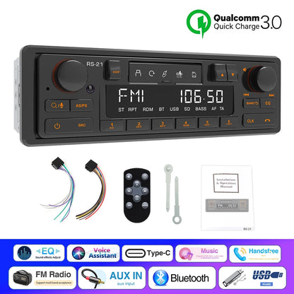 1DIN Retro Car Radio MP3 Player Stereo Bluetooth FM AM RDS Support QC3.0 For Porsche VW Benz BMW Land Rover Audi Alfa Romeo