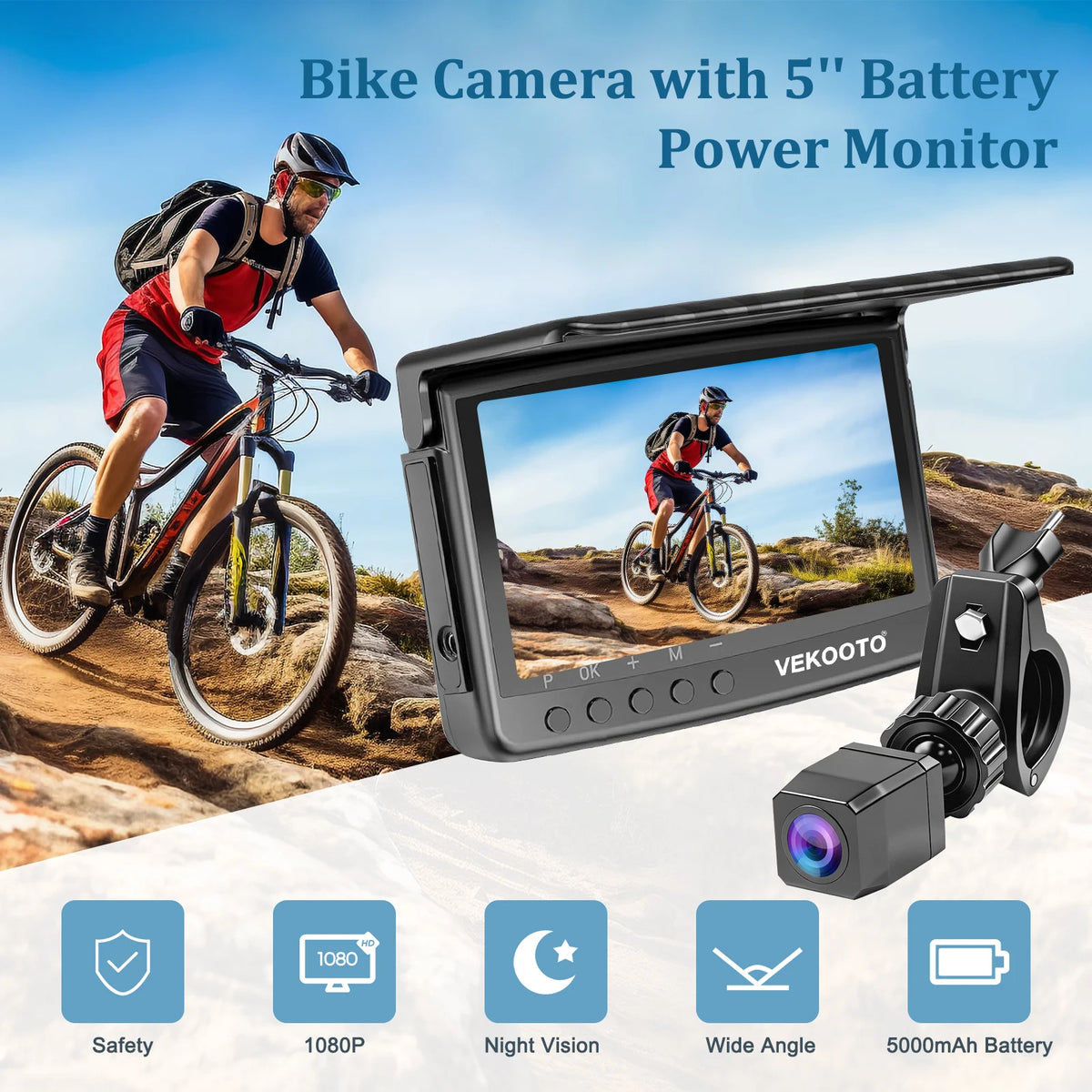 1080P 5" HD Display Bicycle Rear View Camera Real-Time Road Monitoring Night Vision Waterproof Bike Backup Camera for MTB E-Bike