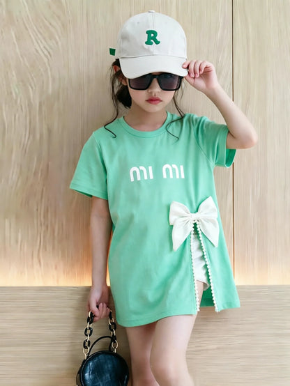 Summer Kids Girls T-shirt Letter Printing Bow Split Loose Long Children's T-Shirt Tops For 3-12 Years Girl Clothing