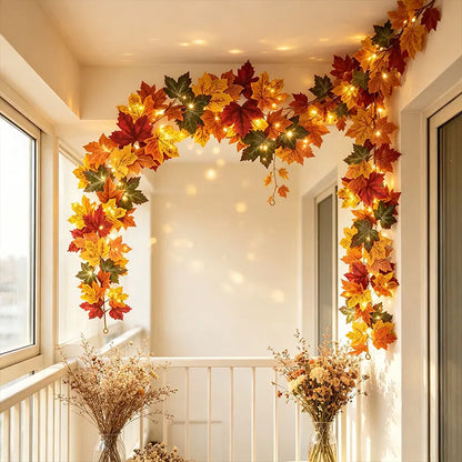 Fall Maple Leaf Garland with Lights, Artificial Autumn Leaf Vine, Thanksgiving Halloween Hanging Garland for Home Wedding Party