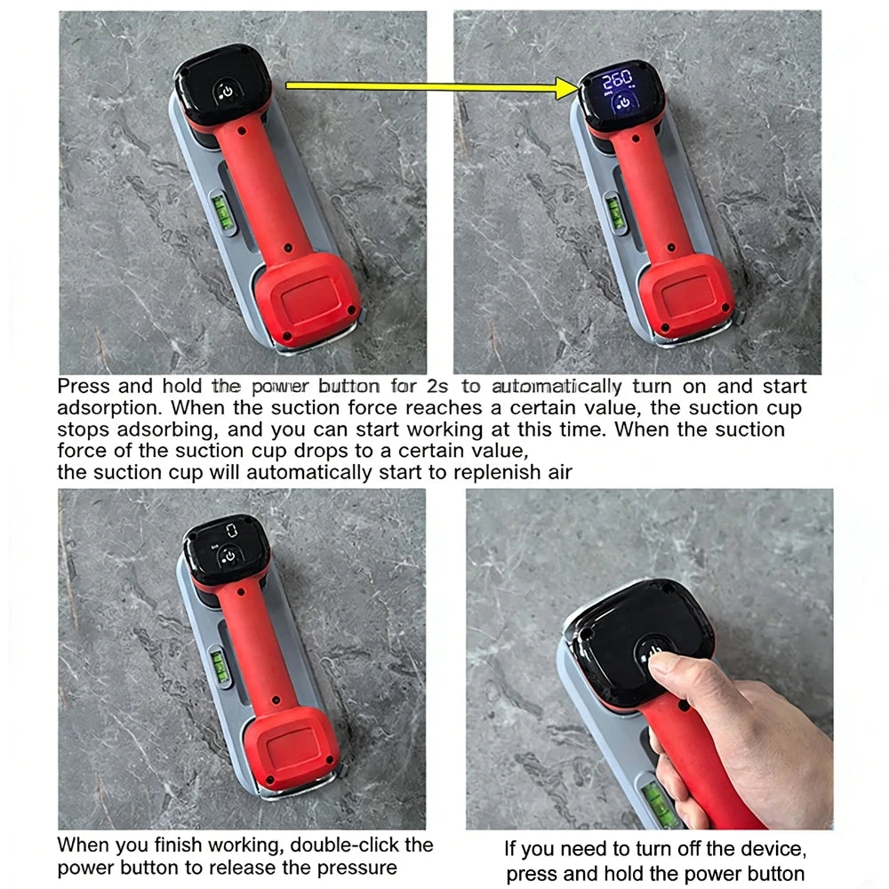 Electric Battery Suction Cup Cordless Vacuum Lifter for Tiles Glass Marble Floor Gap Repair Tool with LCD Display & Spirit Level