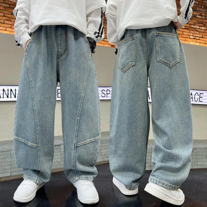 4-12Years Boys Jeans New Wide Straight Leg Denim Pant Children Spring Autumn Big Kids Handsome Cotton Sports Pants