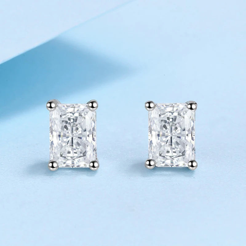 NeeTim 1CT 2CT Emerald Radiant Cut Moissanite Studs Earrings for Women Sparkling 925 Sterling Silver Earring Wedding Jewelry