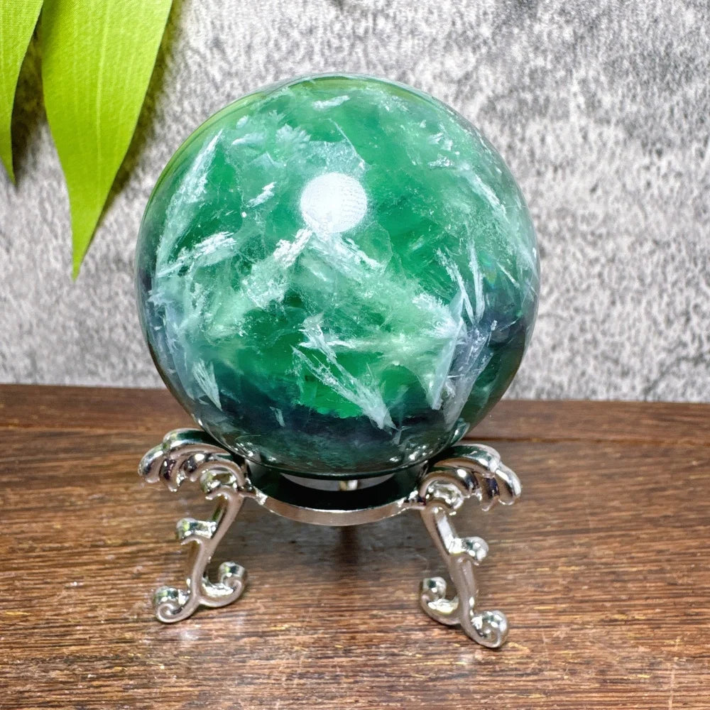 Natural Blue Snowflake Feather Fluorite Spheres Stone Healing Crystal Reiki Energy Home Scene Decorations Gifts+Stand