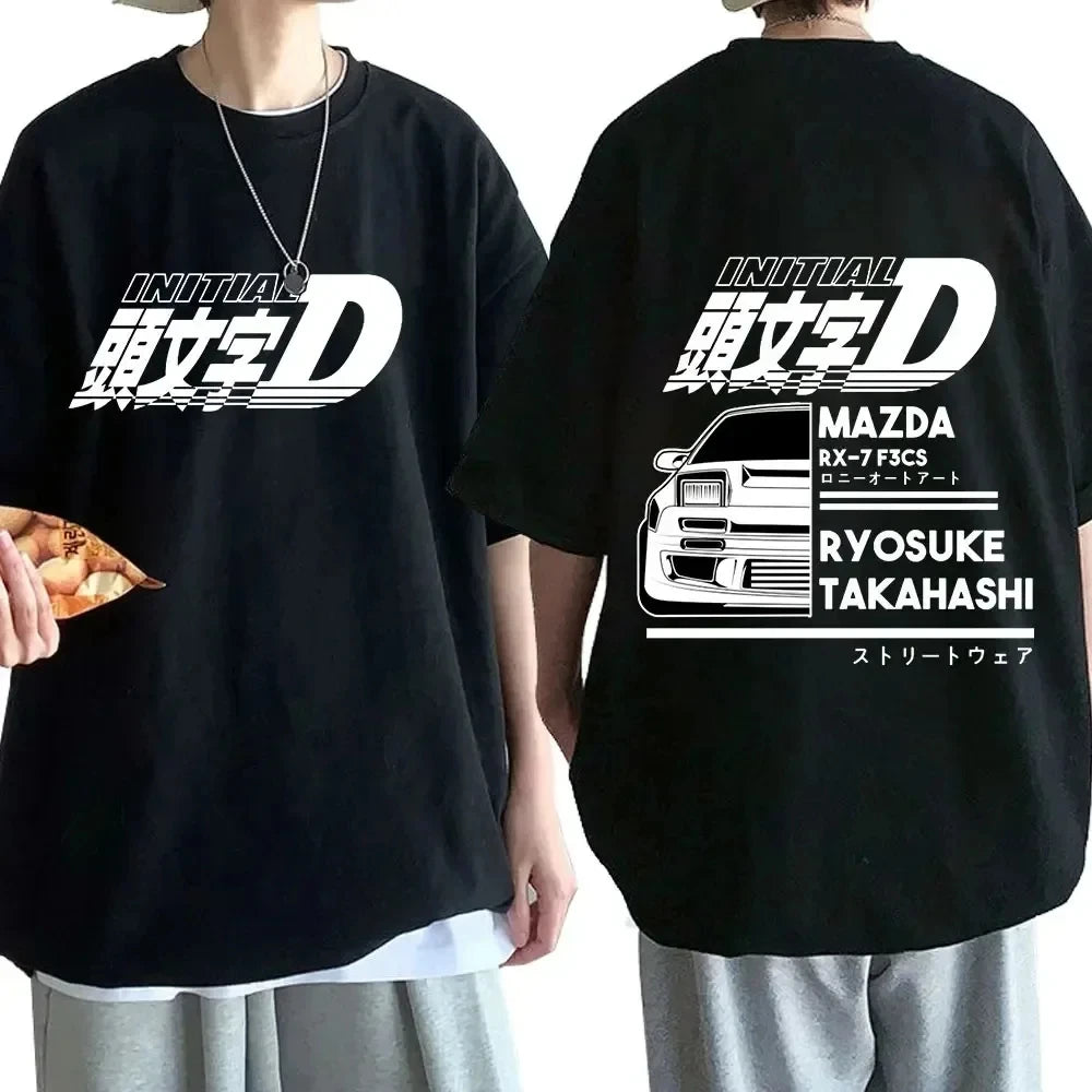 Anime Drift AE86 Initial D Double Sided T Shirt O-Neck Short Sleeves Summer Unisex R34 Skyline GTR JDM Manga T-Shirts 71775