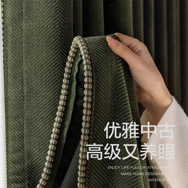Custom Size White Tulle Retro Green French Herringbone Shaded Chenel Curtains for Living Dining Room Bedroom White Tulle Elegant