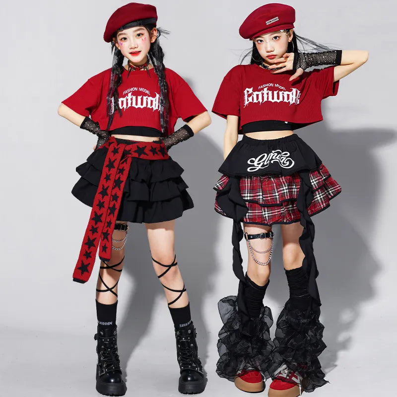 Girls K-pop Fashion Crop Top Bud Skirts Children Hip Hop Street Dance Costume Kids Streetwear Girl Group Jazz Summer Clothes Set