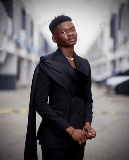 Wrap Black Men Suits Set Custom Made 2 Piece Blazer+Pants Jacket With Strap Office Formal Groom Wedding Tuxedo Prom Coat