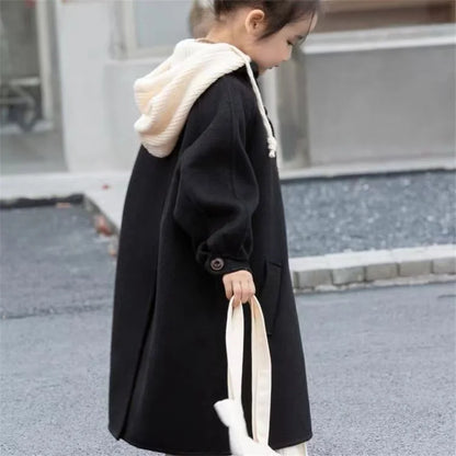 Kids Tweed Jacket Girls Warm Overcoat Autumn Medium-Length Coat Spring Hooded Windbreaker New Casual Single-Breasted Clothing