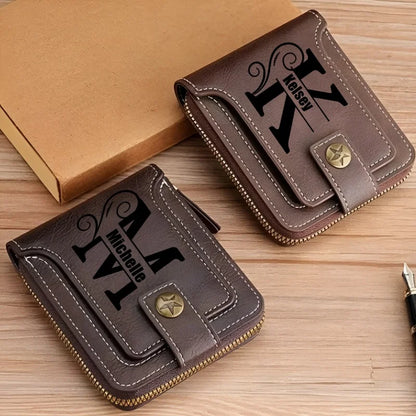 Personalized  PU Leather Chain Short Wallet For Man, Engraved Name&Text Bifold Stylish Brown Wallet For Man Valentines Birthday