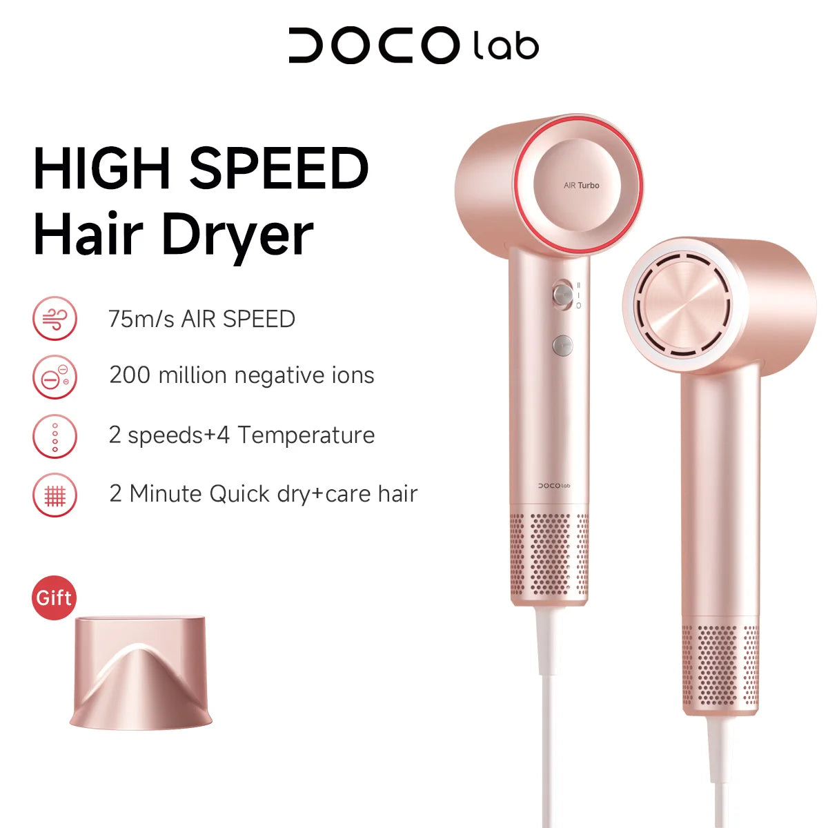 DOCO Hair Dryer 75m/s High Speed 200 Million Negative Ions Hair Care 110000 Rpm Professional Lightweight Home Travel Gift