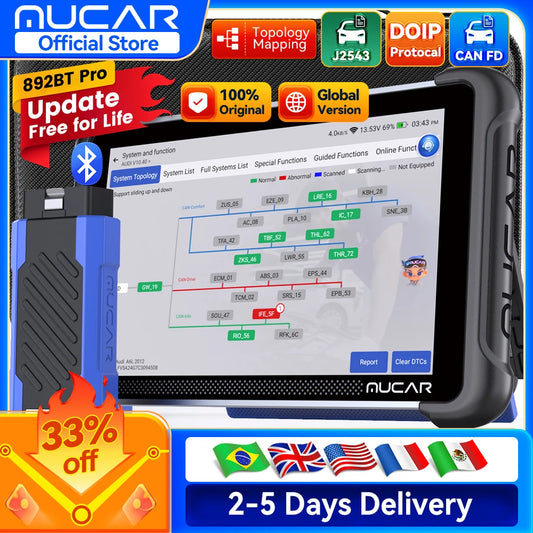 Free Update MUCAR 892BT Pro OBD2 Scanner J2534 CAN FD/DoIP All System Diagnosis Bi-directional Scan Tool Topology Map 35 Reset