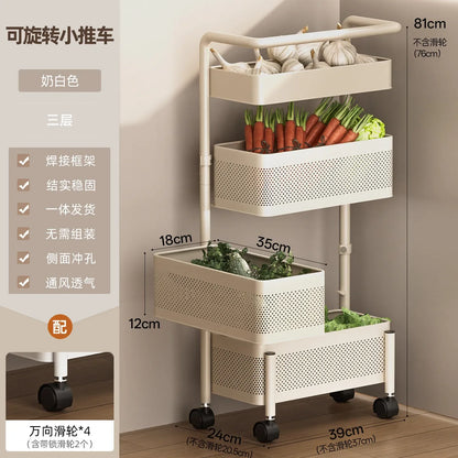 Rotating Kitchen Storage Cart Multi-Tier Basket for Vegetables Snacks Space Saving Corner Pantry Shelf Mobile Metal Mesh Trolley