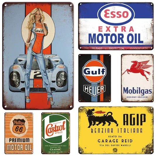 High Definition Tin Sign Vintage Gulf Esso Mobilgas Motor Oil Retro Metal Wall Art, Classic Gas Station Pin Up Girl Decor Plaque
