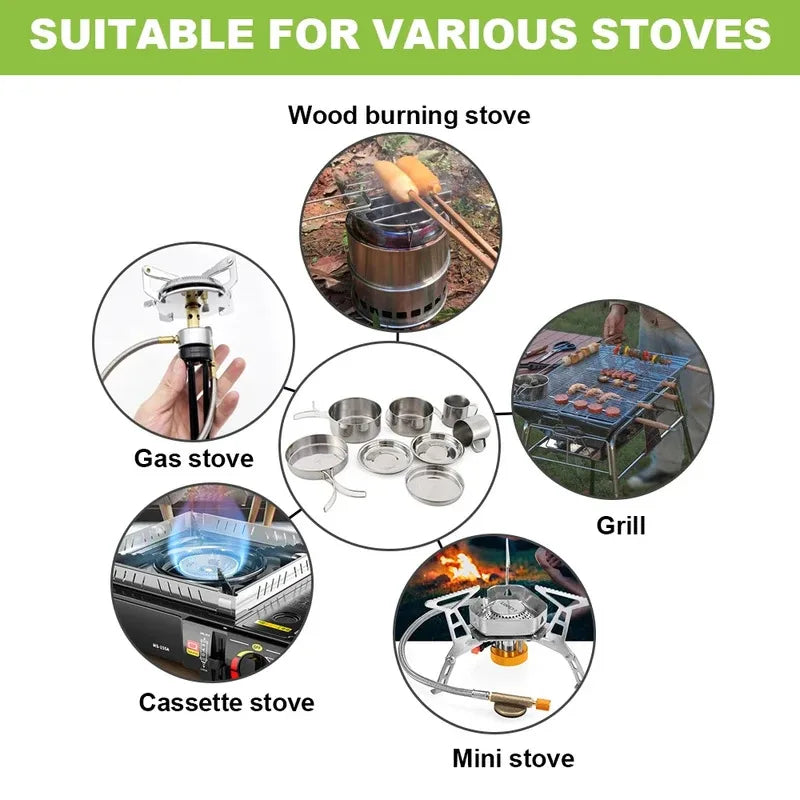 8 pcs/set camping cookware mess kit stainless steel cooking pot and pan set with plates cups for outdoor hiking backpacking