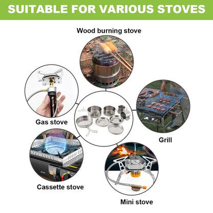 8 pcs/set camping cookware mess kit stainless steel cooking pot and pan set with plates cups for outdoor hiking backpacking