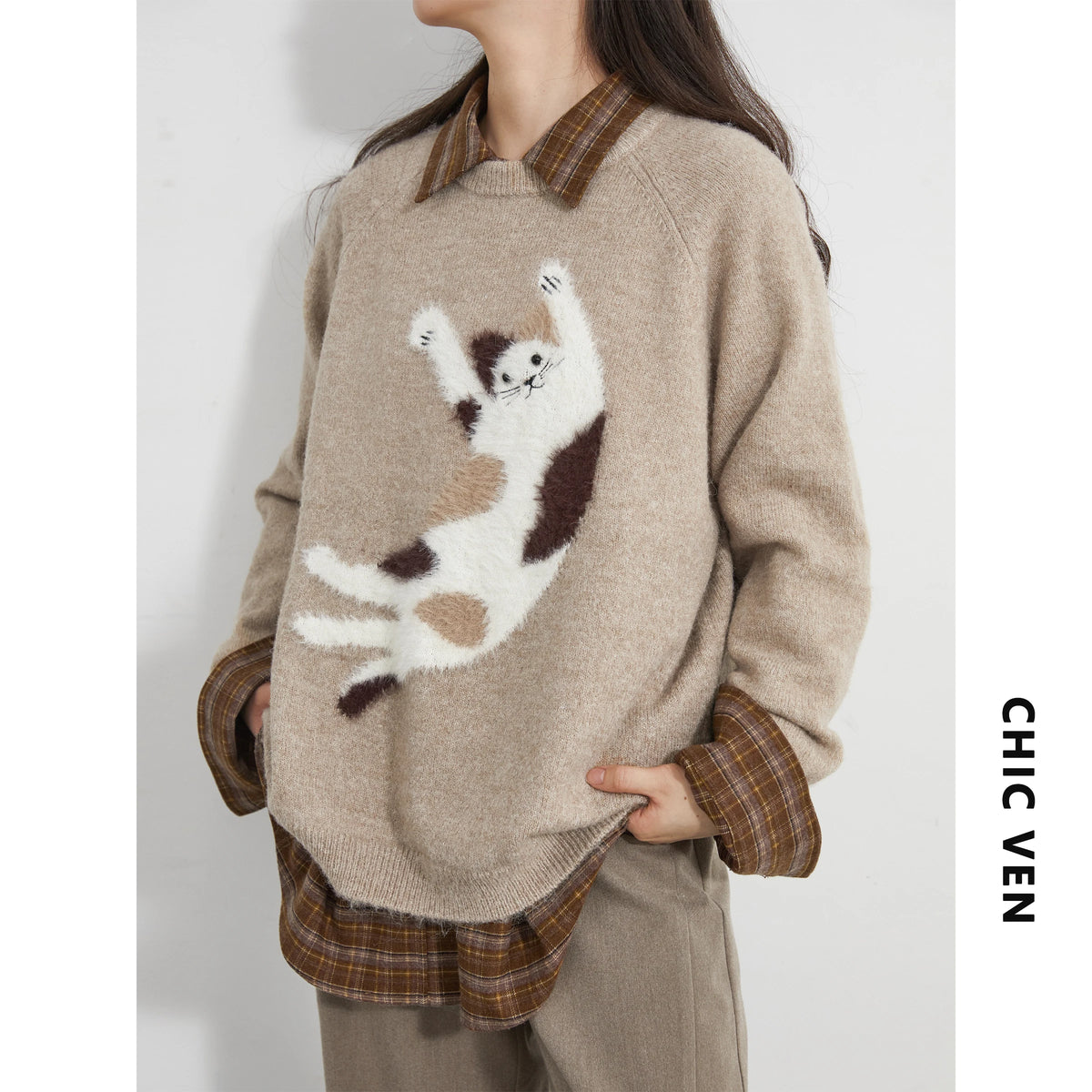 CHIC VEN Women Sweaters Loose Casual O Neck Knitted Cartoon Cat Warm Knitting Jumper Female Jumpers Pullovers Autumn Winter 2025