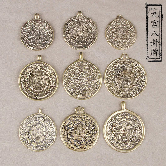 Retro Brass Tibetan Nine Palaces Bagua Plate Tibetan Waist Tag Pendant Chinese Zodiac Amulet Vintage Collectible Craft