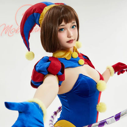 MOBBUNNY Halloween Clown Cosplay Costume Women's Lingerie Set Blue Red Bodysuit and Mini Skirt with Gloves and Hat