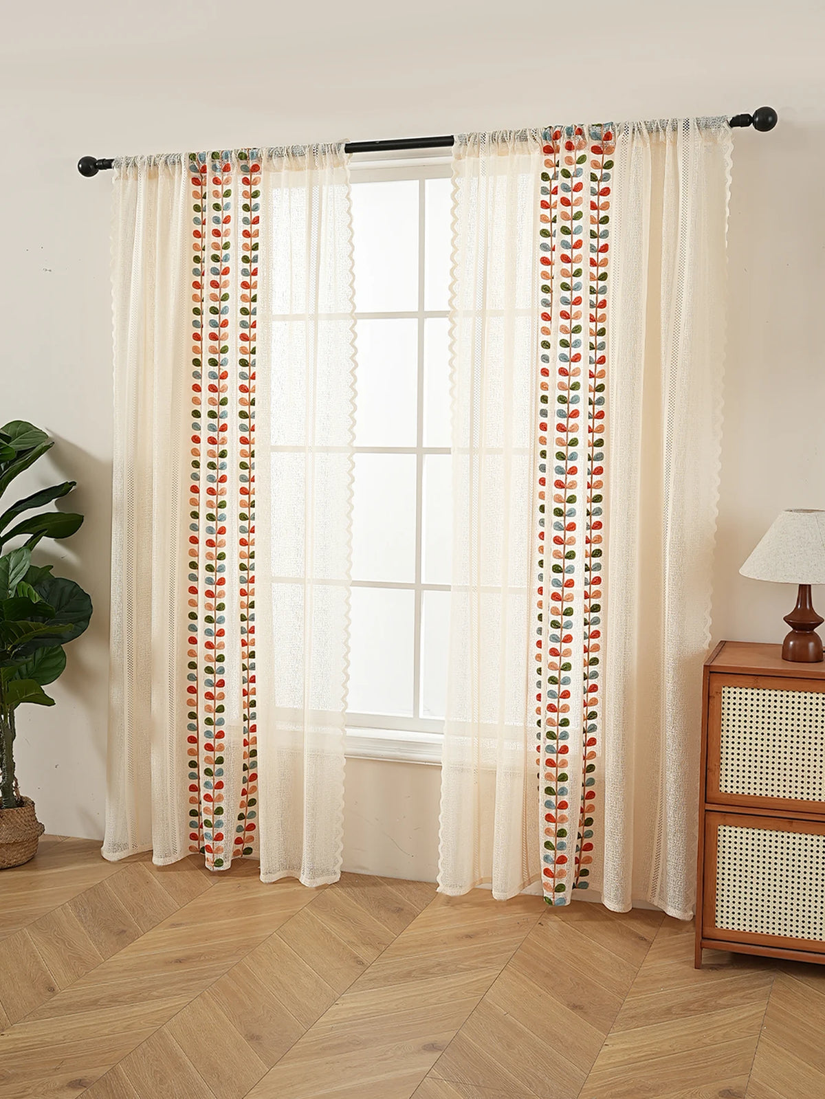 2PCS Four Color Leaf Embroidery Lace Rod Pocket Bag Curtains, Living Room Bedroom Simple and Warm Atmosphere Decorative Curtains