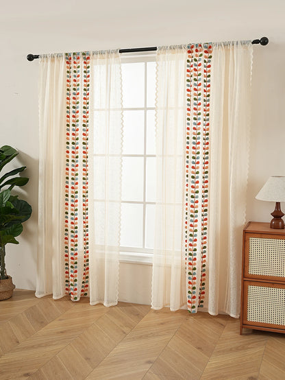 2PCS Four Color Leaf Embroidery Lace Rod Pocket Bag Curtains, Living Room Bedroom Simple and Warm Atmosphere Decorative Curtains