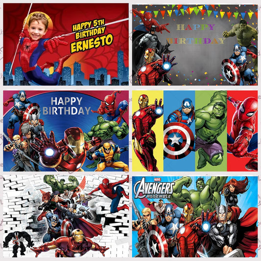 Marvel Avengers Photo Backdrop Banner Iron Man Spider-Man Captain America Kids Boy Birthday Party Custom Name Portrait Props