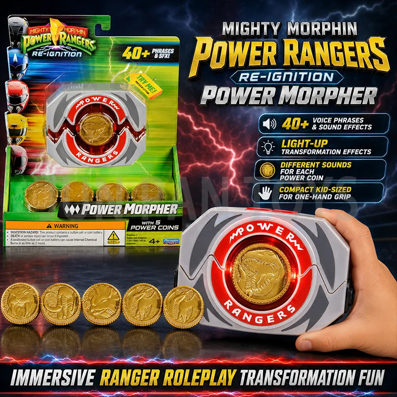 Original Mighty Morphin Power Rangers Re-Ignition Power Morpher with 5 Power Coins Kids Roleplay Boy Toys Lights Over 40+ Sounds