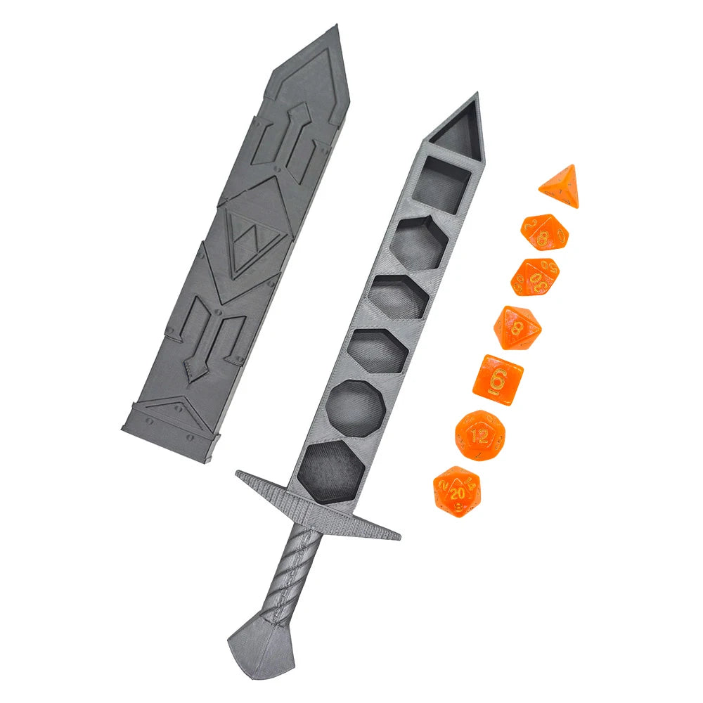 Creative Silvery Sword-shaped Storage Box with 7Pcs DND Dices Set Portable RPG TRPG Games Dice Role Playing Games Accessories