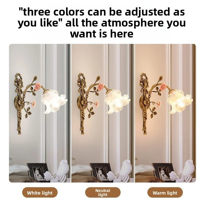 French Vintage Rural Romantic Ceramic Flower Luxury High-End Eye-Friendly Full-Spectrum Dining Room Full Copper Glass Wall Lamp
