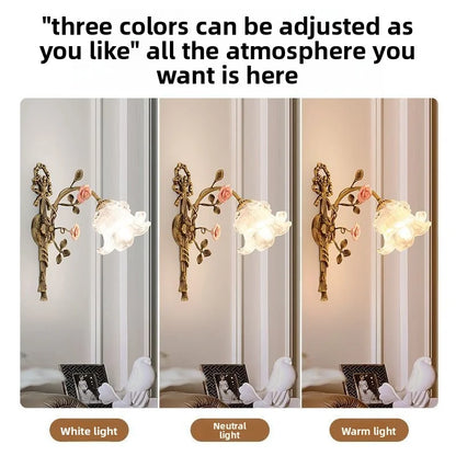 French Vintage Rural Romantic Ceramic Flower Luxury High-End Eye-Friendly Full-Spectrum Dining Room Full Copper Glass Wall Lamp