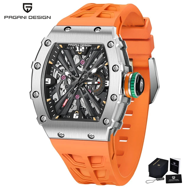 PAGANI DESIGN Men's Quartz Watch Tonneau Hollow Dial Luminous 50M Waterproof Sports Silicone Strap Luxury Watch Reloj Hombre