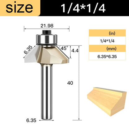 Tideway 45 Deg Bevel Edge Forming Chamfer Router Bits with Bearing Chamfering CNC Wood Cutting Tools Woodworking Milling Cutter