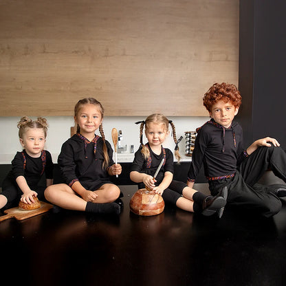 Family Hooded Set Black Cotton French Terry Girl Dress Hooded Shirt Top Baby Romper for Autumn Black with Colorful Trims