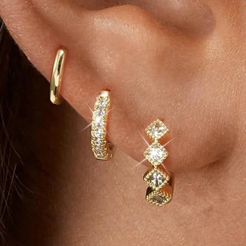 3PCS Stainless Steel Gold Color Circle Hoop Earrings Set for Women Simple Zircon Flower Stud Earring Cartilage Piercing Jewelry