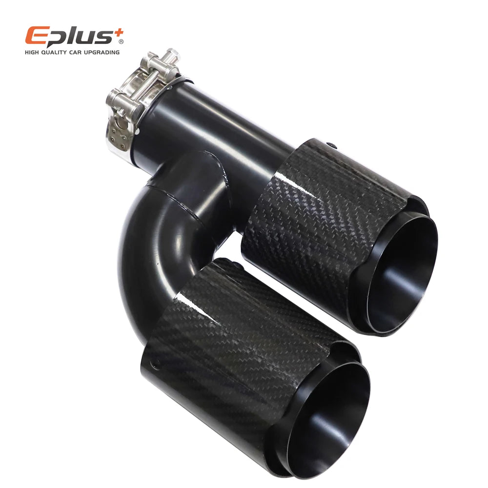 EPLUS Car Carbon Fiber Glossy Muffler Tip H Shape Double Exit Exhaust Pipe Mufflers Nozzle Decoration Universal Stainless Black