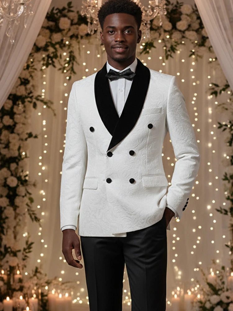 Double-breasted Groom's Wedding 2 Piece Set Men's White Slim Fit Leisure Tasdo Shawl Collar‌ Evening Gown Men's Suits