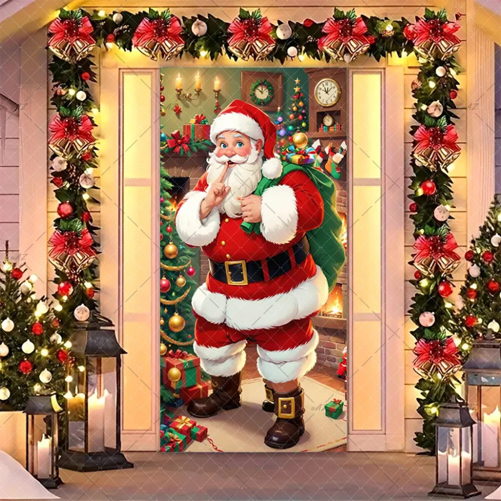 Christmas Humorous Santa Claus And Elk Door Banner Party Decorations Indoor Outdoor Veranda Door Cover Supplies Festive Gifts